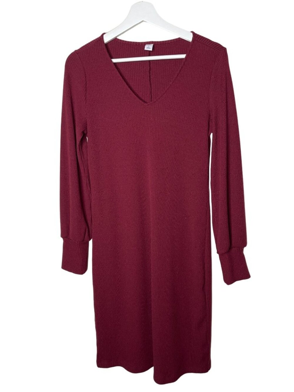 Old Navy Women Medium Burgundy Ribbed Knit Midi Dress Puff Sleeve Fall